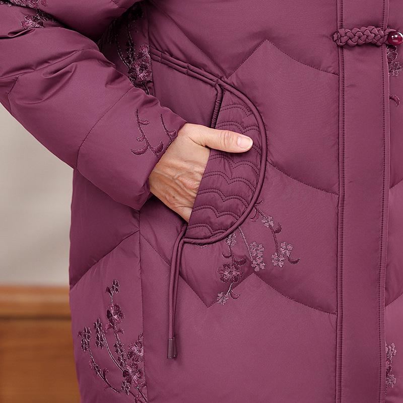 Embroidered Winter Down Jacket with Frog Buttons for Elderly Women