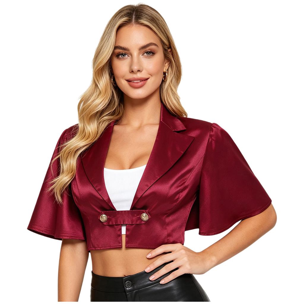 Women Satin Jacket Top Lapel Collar Flutter Sleeve Front Button Blouse Victorian Style for Casual Daily Party Wear