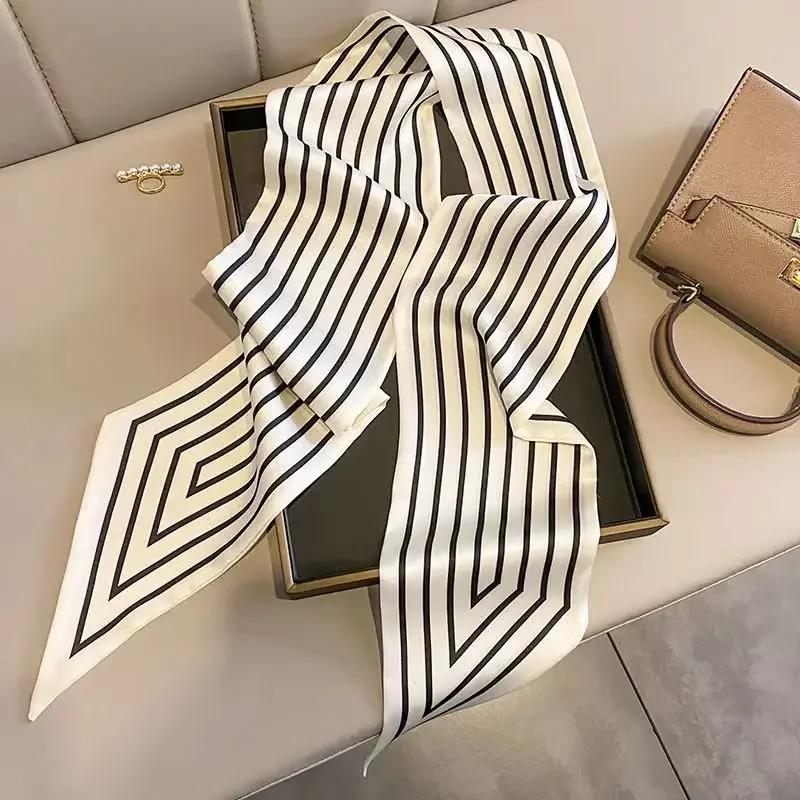 Women Narrow Thin Scarf Striped Long Silk Scarf Women Handle Bag Ribbons Multi-Function Decorative Neckerchief Hair Tie Band