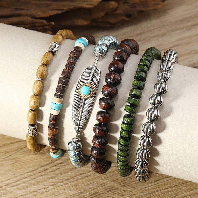6 Stück Natürliche Holzperlen Armbänder Boho Ethnisch Armband Neues Set Vintage Feder Türkis Anhänger Handketten Handgefertigt