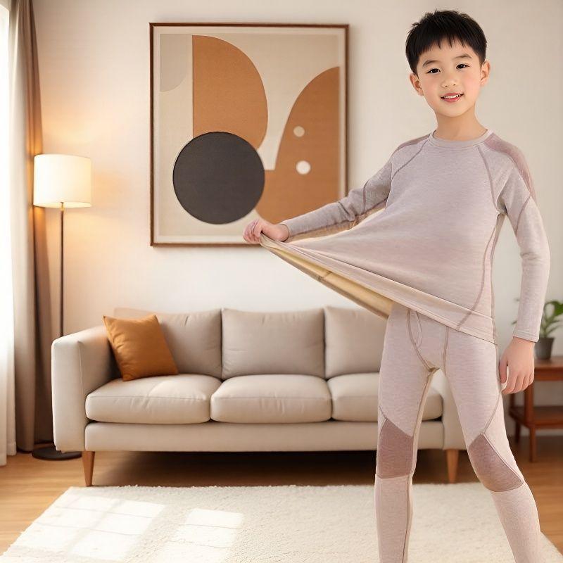 Boys' heating long johns Children's medium and older children's fleece thickened German fleece suit Boys' baby thermal underwear