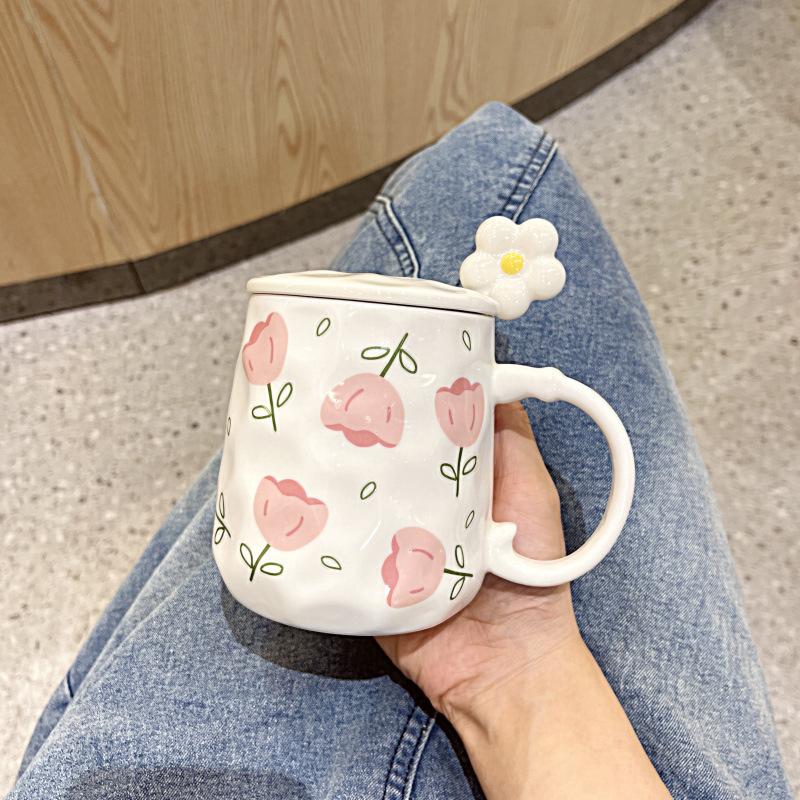 INS wind high-value flower mug with lid spoon household girl heart ceramic cup student breakfast milk cup