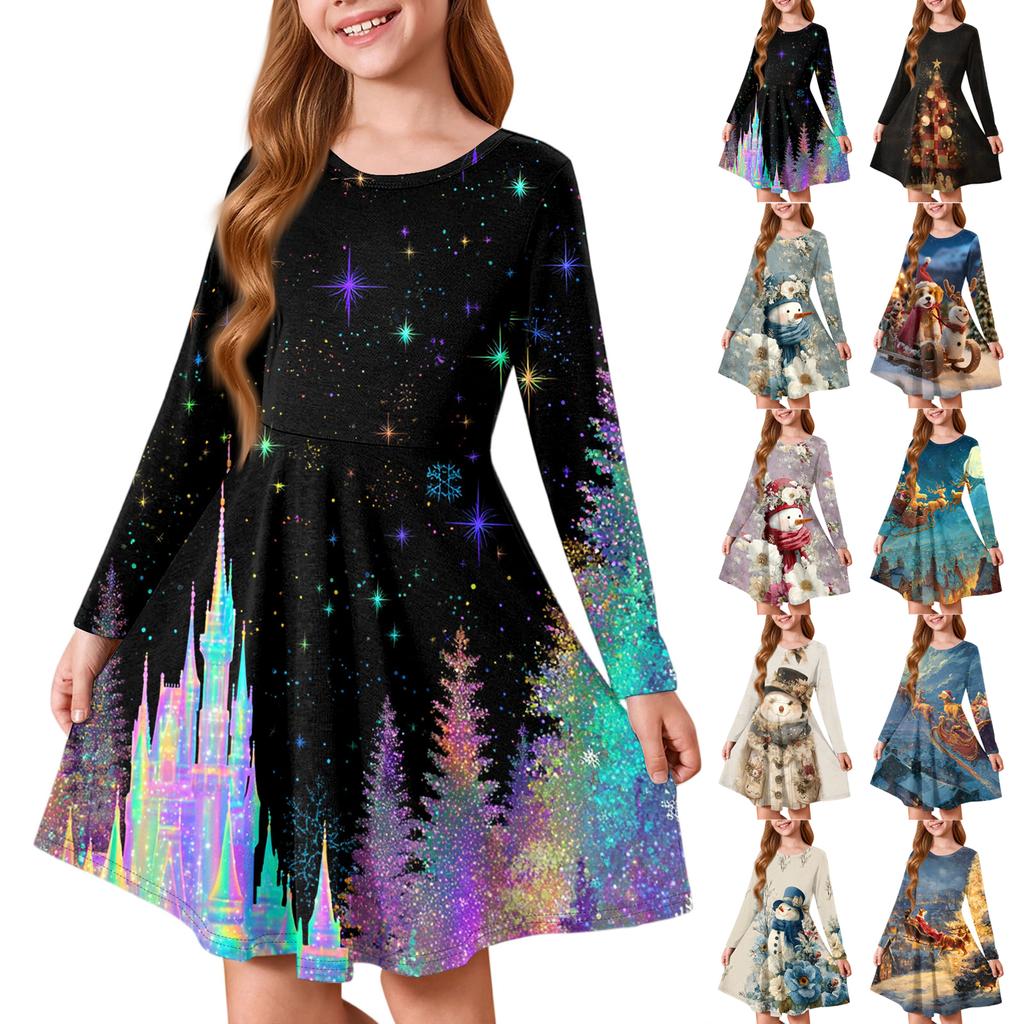 Dívčí princeznovské šaty - Tričkové šaty áčkového střihu s dlouhým rukávem na Štědrý den