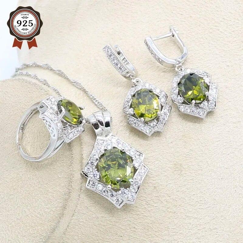 

Зеленый, оливковый, серебряный цвет, открытое кольцо, комплект ювелирных изделий для женщин с серьгами, ожерельем, подвеской, подарок на день рождения