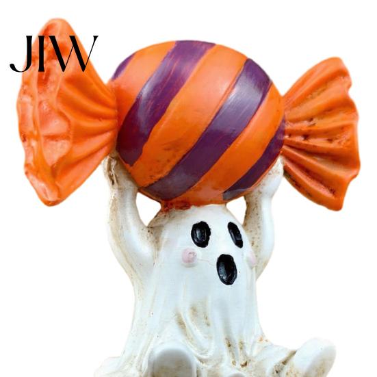 Halloween Ghost Figurine Figurine, Cute Sitting on Pumpkin Holding Candy Waterproof Sculpture Craft Statue, Spooky Resin Table Ornament for