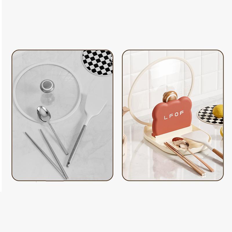 1 st. Grytlocksställ, Skedställ för spishäll, Värmebeständigt lockställ för köksbänkskiva, Sött redskapsställ för matlagning