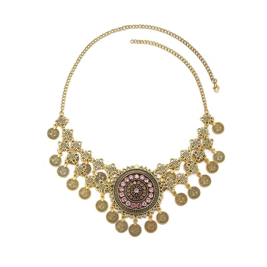 Bohemian Exotic Rhinestone Tassel Necklace & Earrings Set In Antiqued Alloy