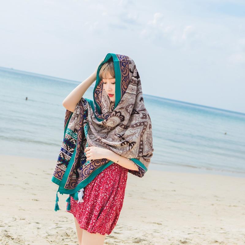 Women Oversized Printed Ethnic Style Neck Scarf Summer Beach Vacation Sunscreen Shawl