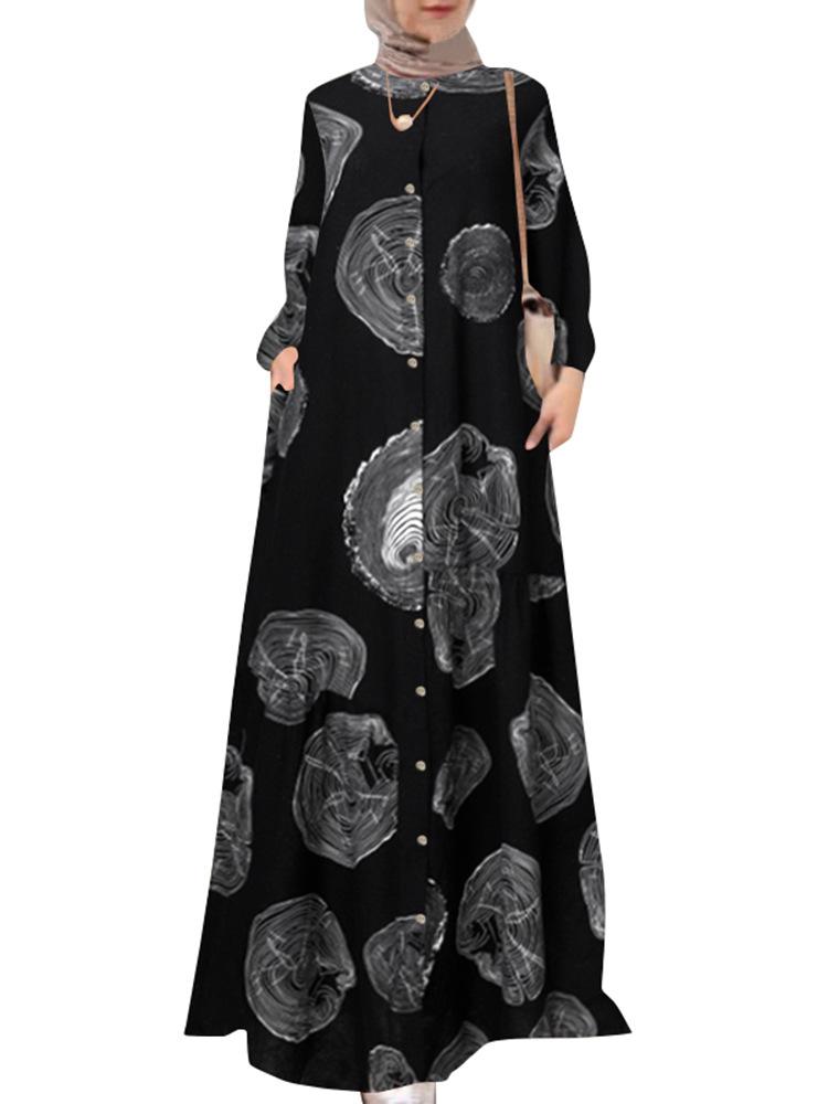 Women's Printed Shirt Long Dress with Round Neck, Retro Long-sleeved Plate-sized Dress