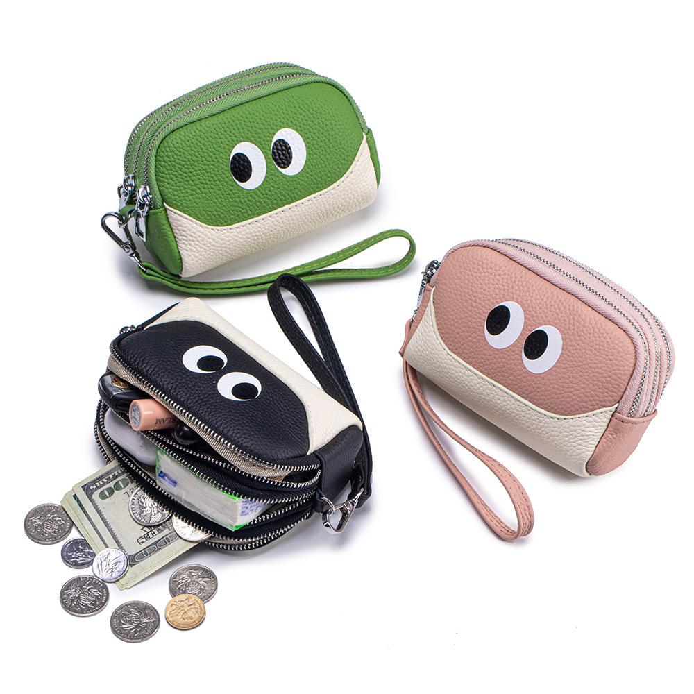 Women Multi-layer Zipper Wallet Genuine Leather Small Clutch Removable Wristband Bag for Ladies Luxury Cartoon Large Coin Purse