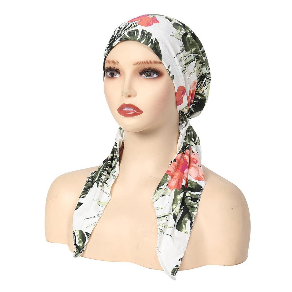 European-American Floral Print Two-Tail Curved Muslim Headscarf Pullover Hat