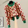 Heart Plaid Viscose Wool Thick O-Neck Vintage Knitted Women's Cardigans Sweater Single Breasted Short Cardigan for Women