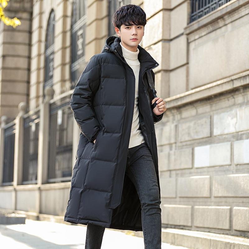 

Пуховик мужской модный зимний стиль теплый и утолщенный пух белой утки зимняя холодостойкая куртка для пары длинный верх 3XL чёрный