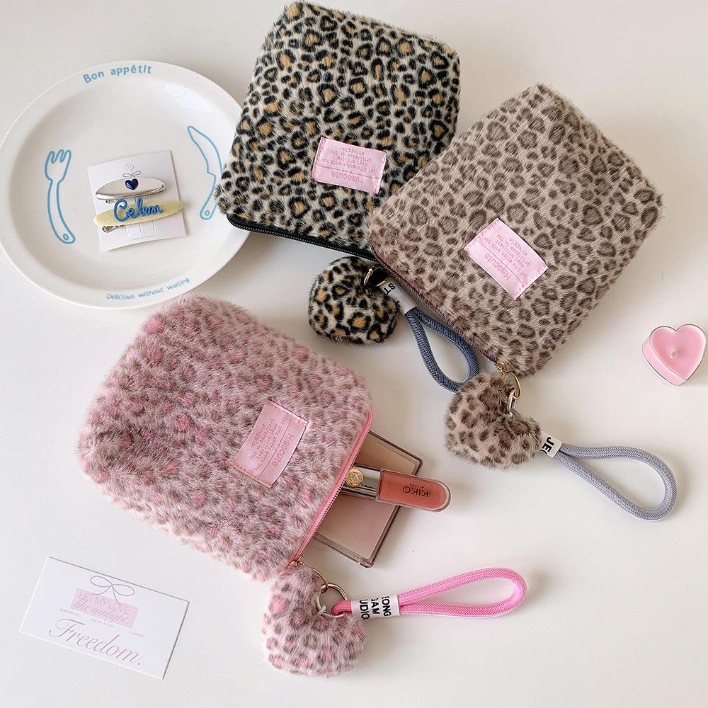 Neue Vintage Plüsch Leopardenmuster Kosmetiktasche für Mädchen Tragbarer Hautpflege-Organizer Studenten Kleine Kulturtasche Damen Clutch Geldbörse