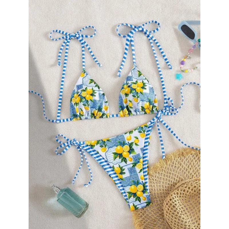 Sexy Fruits Print Striped Bikinis Sets Two Pieces Back Tie Thong Swimsuits Bathing Suit Swimwear Beach Outfits Biquini Tankini