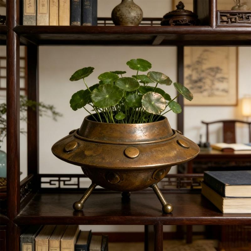 Brown Metal Flower Pot with Space Theme Shape, Small Indoor Holder for Tabletop, Windowsill, Bookshelf and Countertop Display In Everyday Rooms