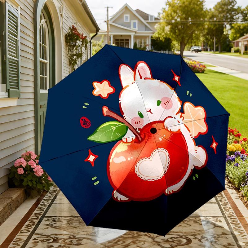 Entzückliches Kaninchen mit Apfel-Regenschirm: Ein perfektes Geschenk für Outdoor-Abenteuer - Automatisches Öffnen und Schließen, Leichtes und Langlebiges Reiseaccessoire 048