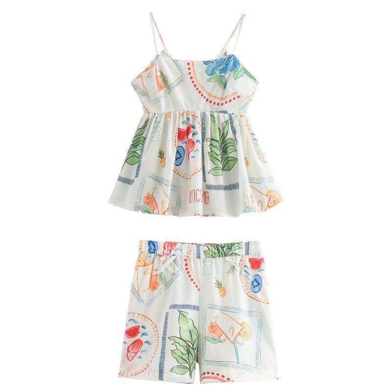 Fashion Wind 2024 New Fall Women's Clothing Stylish Easiest for Match Plant Print Tops Camisole Mid Waist Shorts