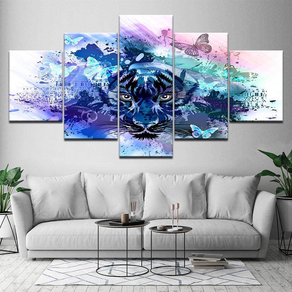 Abstract Blue Color Tiger 5 Piece Wallpapers Art Canvas Print Modern Poster Modular Art Painting for Living Room Home Decor