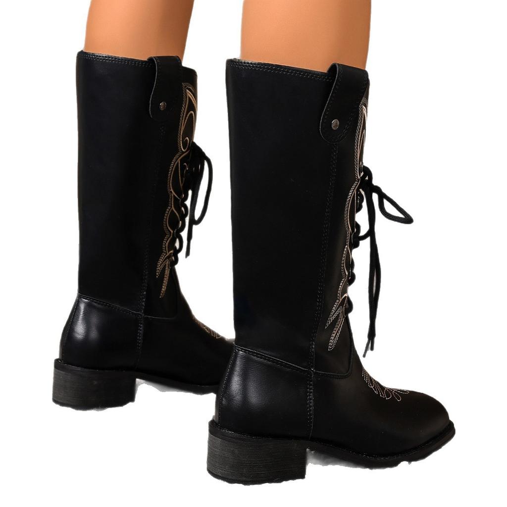 Cowboy Boots for Women Wide Mid Calf Pointed Toe Non-Slip Embroidered Chunky Block Heels Cowgirl Boots Women's Pull On Comfortable Western Booties