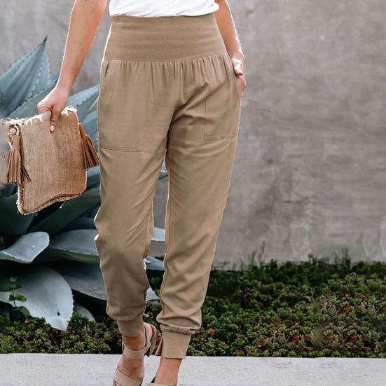 Women Pants Solid Color Ankle Tied Autumn Winter Elastic Waist Side Pockets Trousers Streetwear