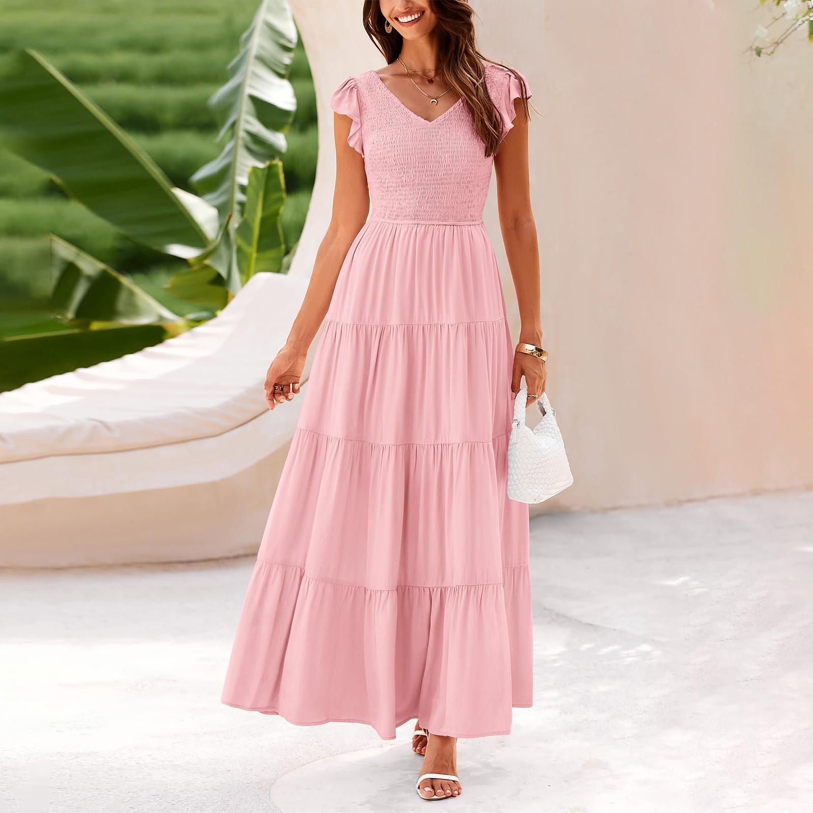 

Женские повседневные платья, струящееся платье миди с короткими рукавами и завязкой с V-образным вырезом. Женское летнее платье макси с короткими рукавами и V-образным вырезом. L розовый