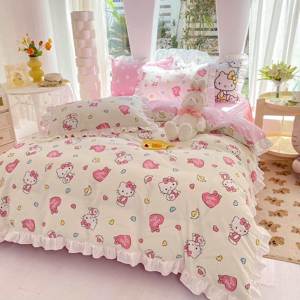 Official Sanrio Hello Kitty All-Cotton 4-Piece Bedding Set - Sheet, Pillowcase & Bed Skirt for Dorms