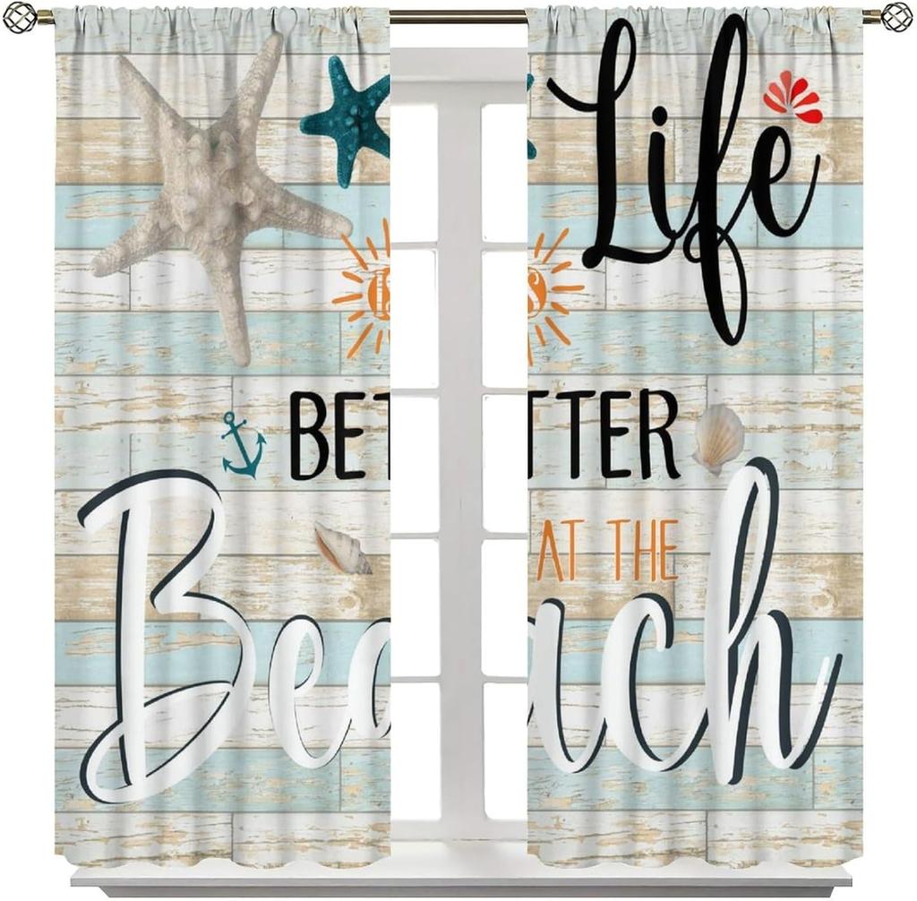 Ocean Curtains  Vintage Wooden Panel Summer Ocean Beach Theme Starfish Shells Print Rod Pocket Window Treatments Drapes for Bedro
