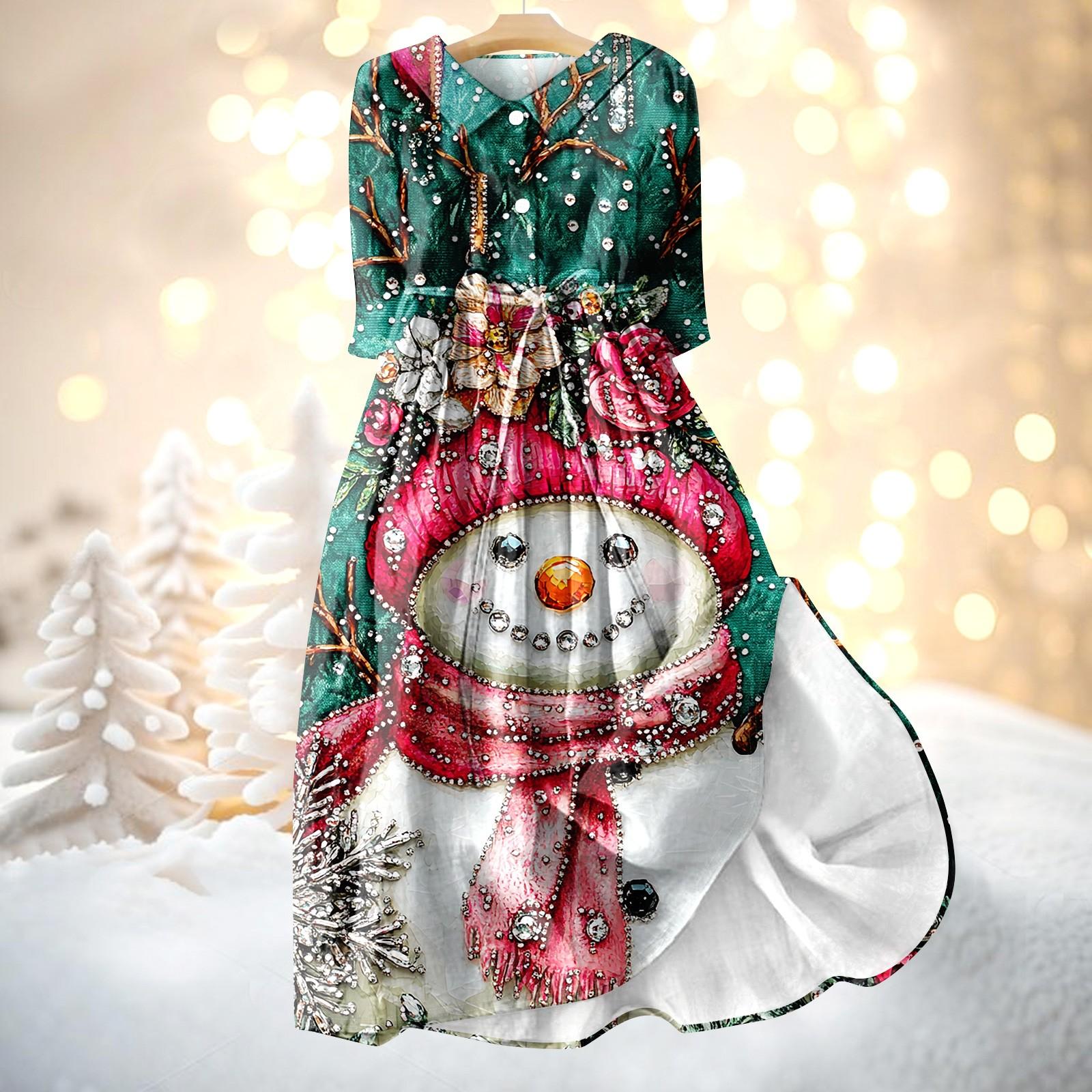 

Женское модное платье с рождественским принтом, застегивающееся на пуговицы, с манжетами длиной семь четвертей и бретельками L