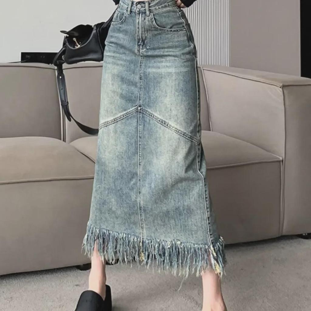 Fustă Midi din Denim Patchwork cu Ciucuri 2024 - Damă Talie Înaltă Vintage Slim Fit