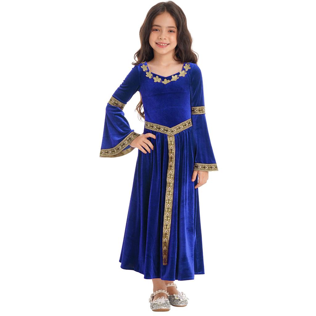 Girls Medieval Princess Velvet Dress Long Flare Sleeve Retro Patterned Band Dress Up Costume Royal Party Gown