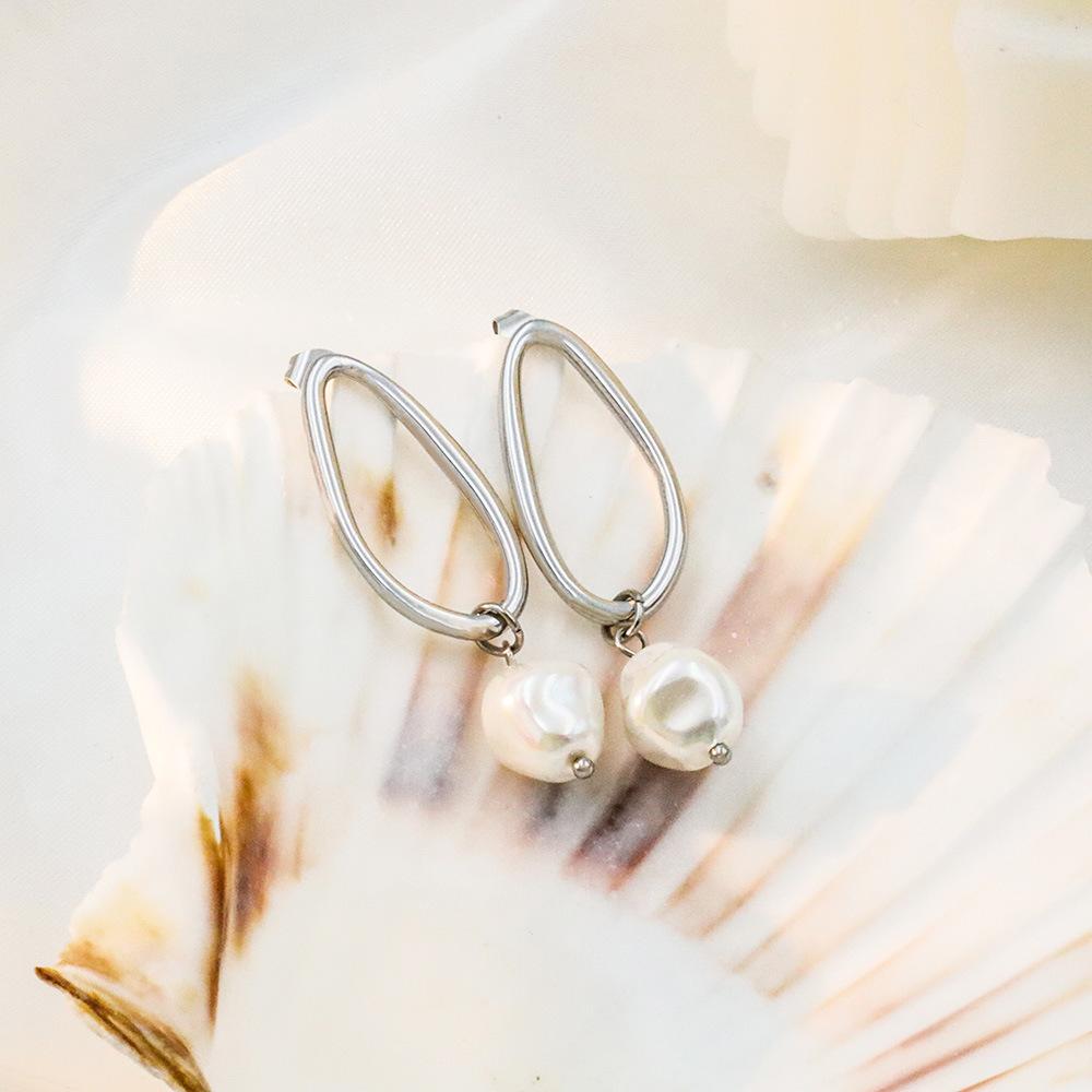 Accessories 18K Geometric Titanium Steel Pearl Stud Earrings Women'S Non-Fading Baroque Pearl Earrings