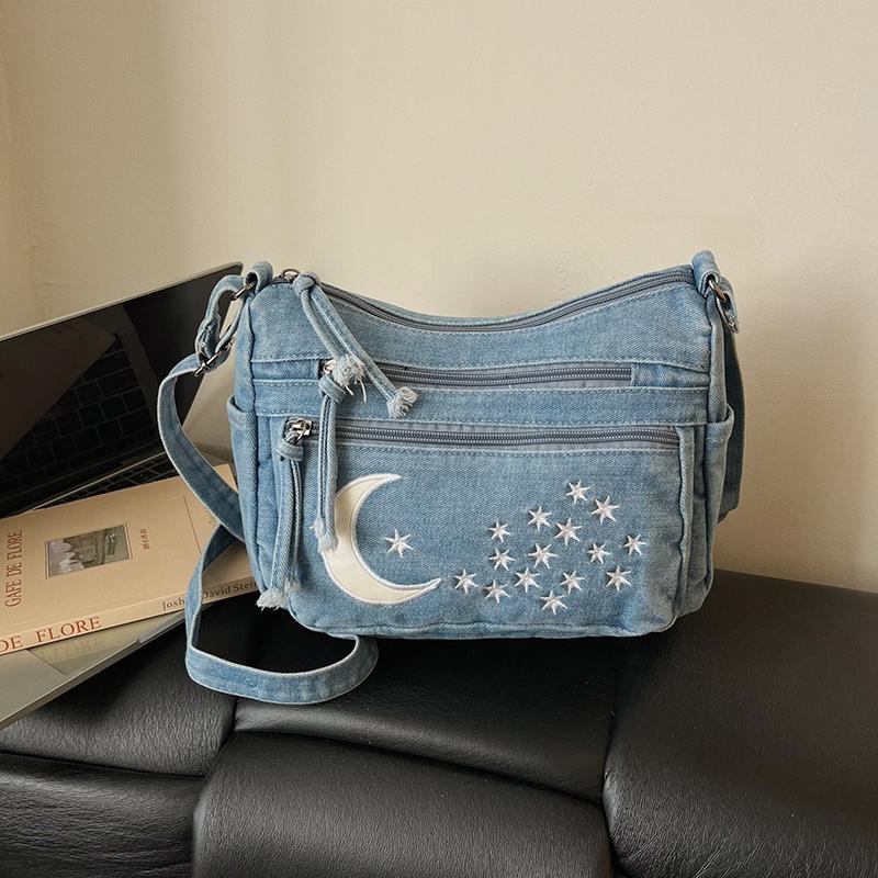 Borsa di Jeans a Spalla Singola Multi-cerniere Borsa a Tracolla Retrò Borsa per Mamma di Mezza Età