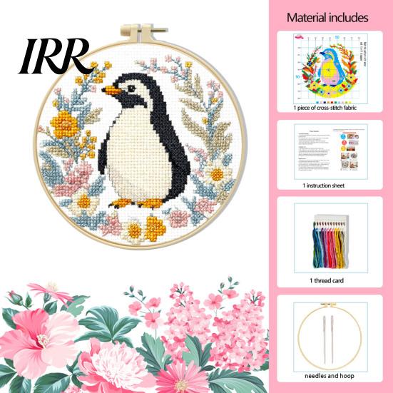 Complete Cross Stitch Supplies Embroidery Starter Kit for Beginners Set with Floral Animal Landscape Patterns Pre-Printed Fabric Threads