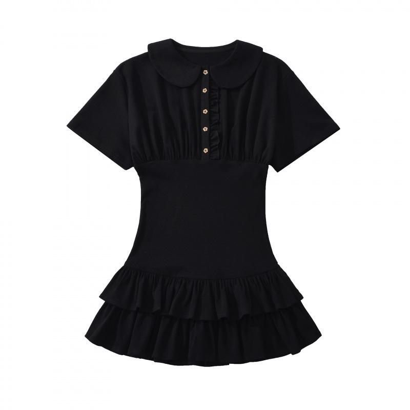 

European-American Women s Fashion: Casual Polo-Style Ruffle Dress with Doll Collar Large чорний