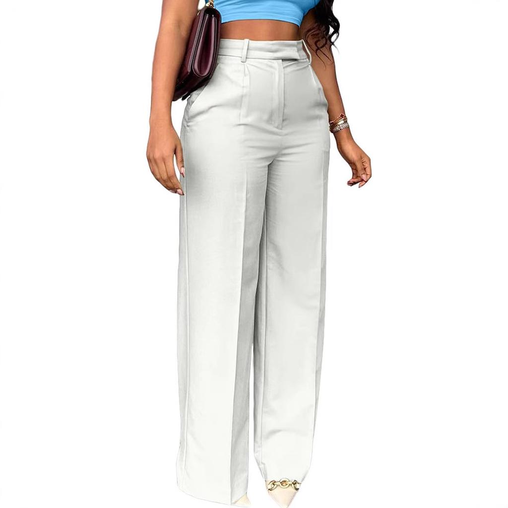 Women's High Waist Draped Wide Leg Dress Pants Solid Micro Stretch Office Straight Long Trousers With Pockets Spring Fall Business Casual Bottoms