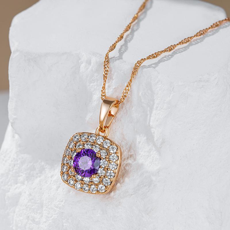 Shiny Purple Natural Zircon Square Pendant Necklace For Women  Rose Gold Color Crystal Pendant Vintage Jewelry