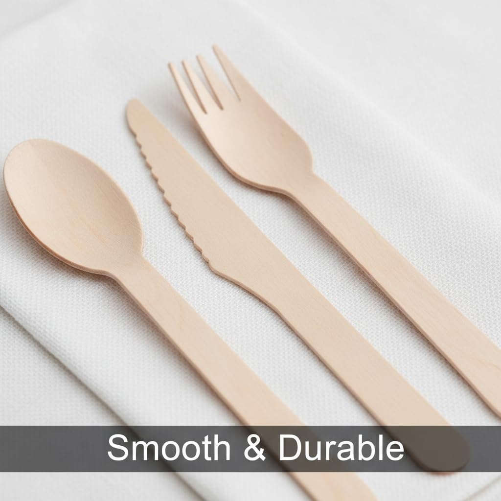 (150 Count) Disposable Wooden Cutlery Set - Alternative to Plastic, Eco Friendly, Biodegradable, Compostable Cutlery Set - 50 Wood Spoons, 50 Wooden