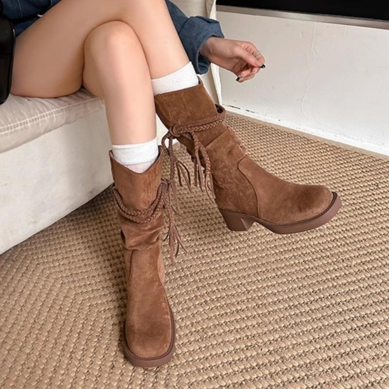 Retro Wasteland Tassel Biker Boots women round toe chunky heel pleated slip on knee high boots 2025 autumn Western cowboy boots