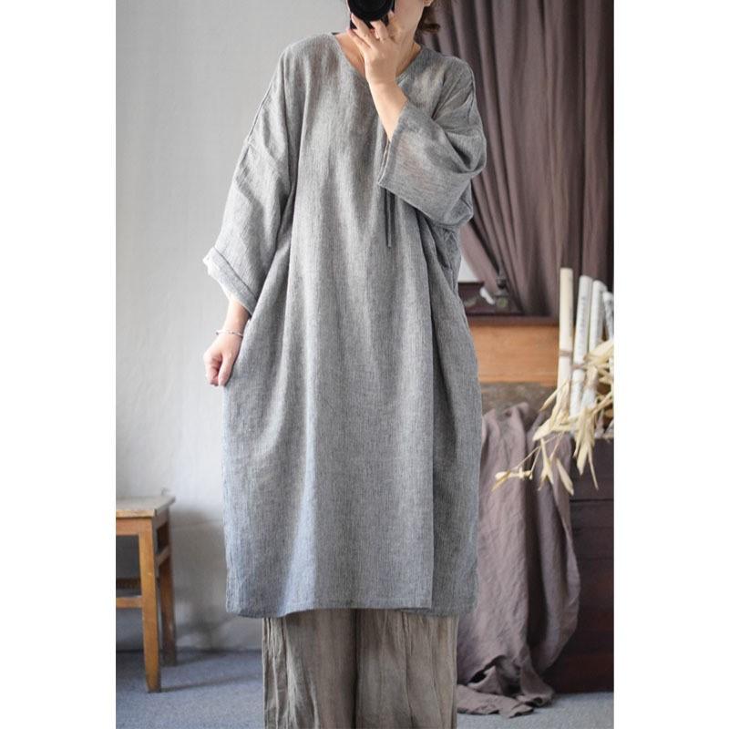 Johnature Frau Frühling Einfarbig Waschen Lange Ärmeln Kleid Chinesischen Stil Vintage V-ausschnitt Kleid