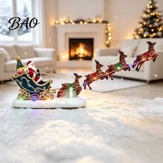 Colorful LED Holiday Lights Christmas Deer Pulling Sled Figurine, Santa Reindeer Scene Decor with Home Fireplace Ornaments Lights, Tabletop