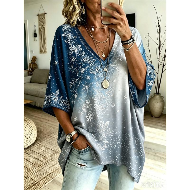 Übergrößen Damen V-Ausschnitt Fledermausärmel T-Shirt Bohemian Ethnischer Druck Lockerer Oberteil Sommer Bequem Atmungsaktiv Tägliches Pendeln Lässig Schlankmachender Stil