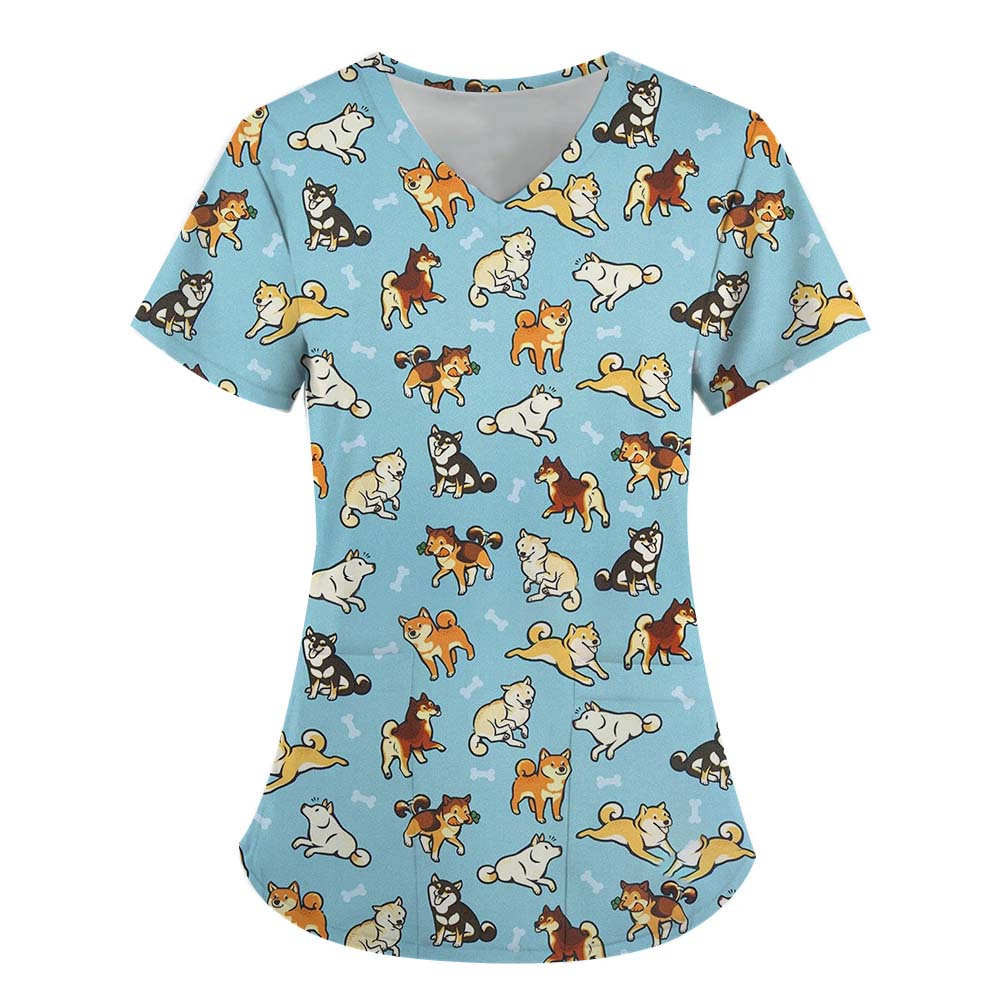 Surgical Uniforms Woman Scrub V-Neck Short Sleeves Tops Women's Medical Uniforms Vet Clinical Uniforms Cute Puppy Cartoon Print