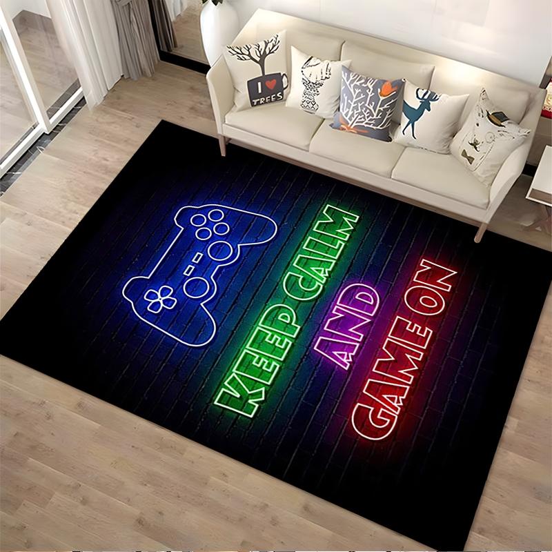 Gaming Carpet with Controller Neon Design and "Keep Calm" Text Suitable for Use As an Anti-slip for Living Room Bedroom Sofas