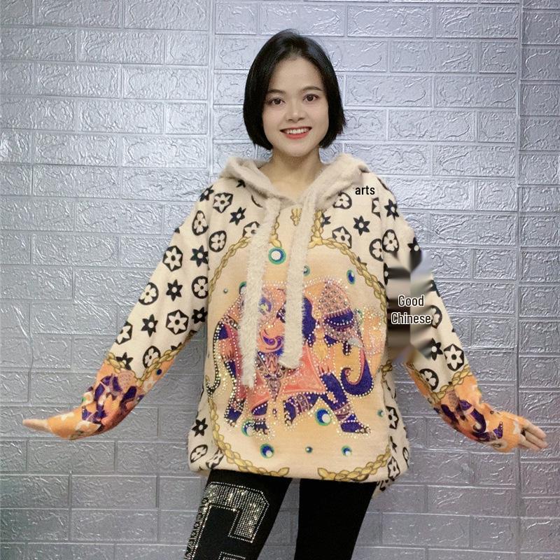 Luxurious Mink Velvet Hooded Sweatshirt for Women - Autumn/Winter Loose Slimming Knit Sweater