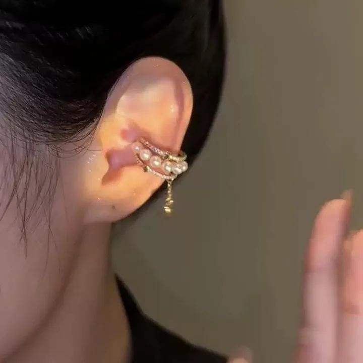 Ear Clip ~ Gold-Plated Zircon Pearl Heart Non-Pierced Earrings | Luxury Feel, Elegant Ear Jewelry