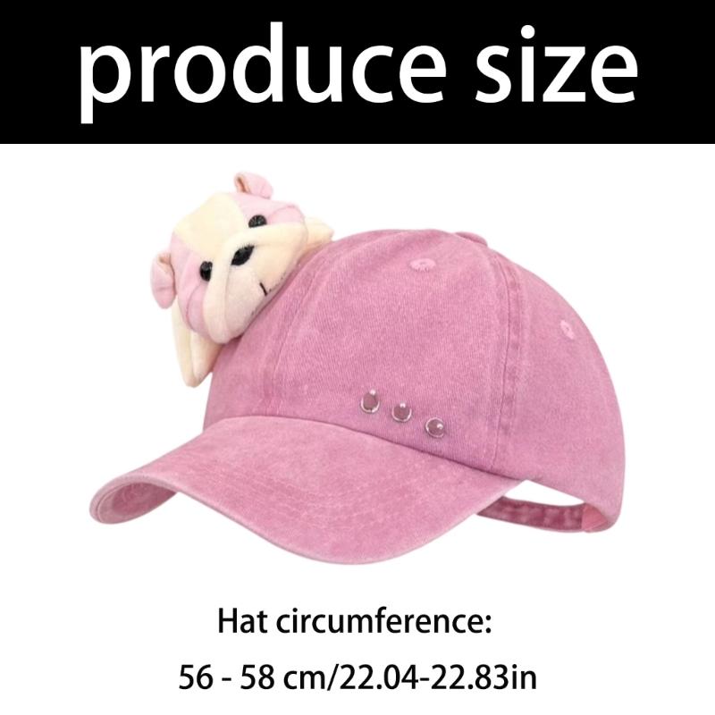 Distressed Cotton Baseball Cap For Women Teens Adjustable Band Cartoon Stuffed Dog Design Snapbacks Hat for Streetwear