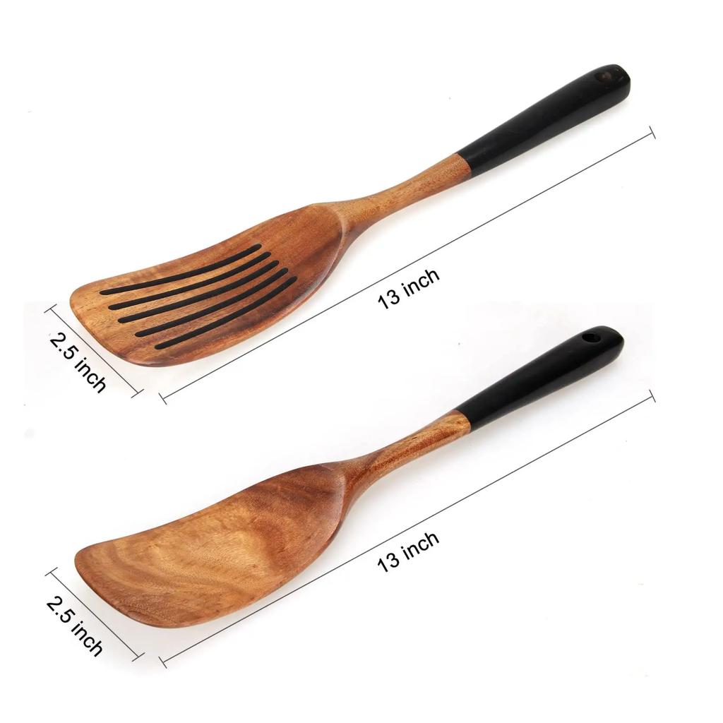 2Pcs/Set Acacia Wood Cooking Utensil Long Handle Spatula+Slotted Spatula Kitchen Tools (BPA Free, No FDA)