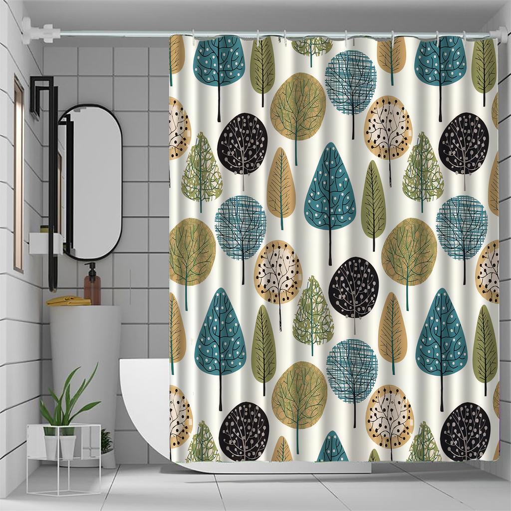Elegante Tenda da Doccia con Motivo ad Albero, Blu/Verde/Beige/Nero, Lavabile in Lavatrice, Include Ganci, Decorazione Bagno Multifunzionale