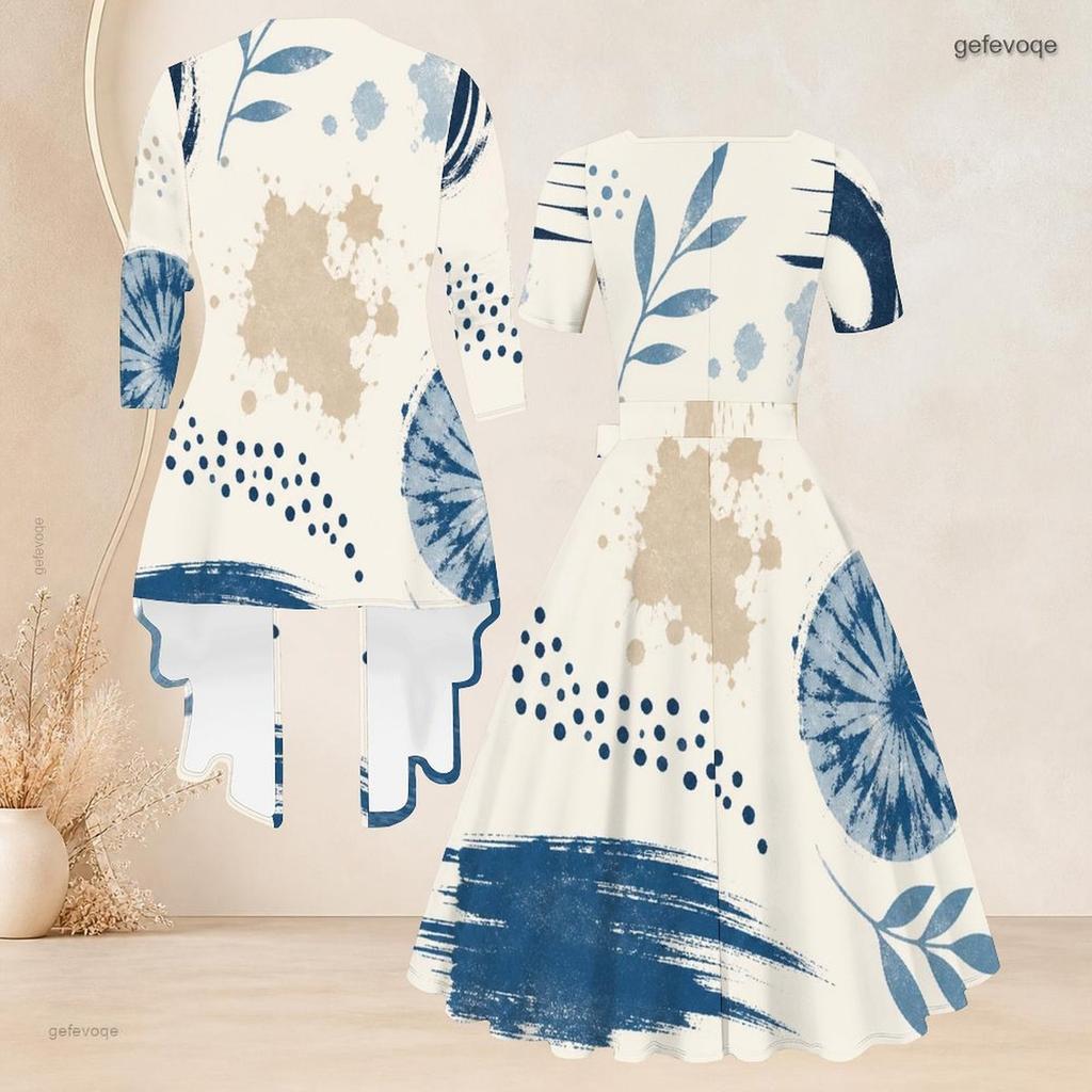 Women Plus Size Two Piece Set Square Neck Short Sleeve Tie Waist Printed Flared Dress 3 4 Sleeve Open Cardigan Blue White